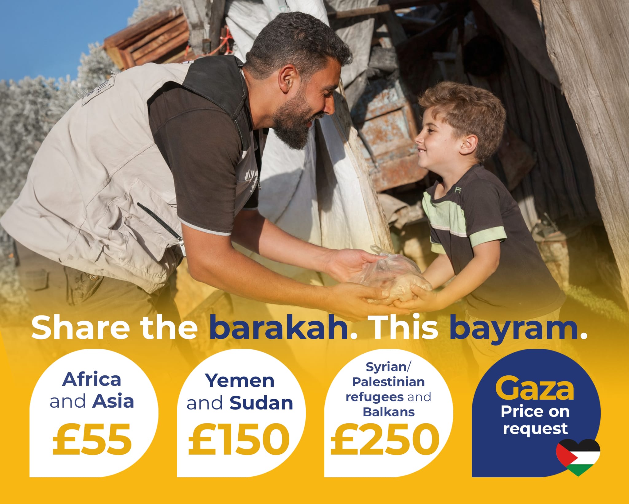 An infographic showing an aid worker giving food to a boy. Below, price options for qurban donations in various regions (Africa, Yemen, Palestinian refugees), with a "Gaza - Price on request" section.
