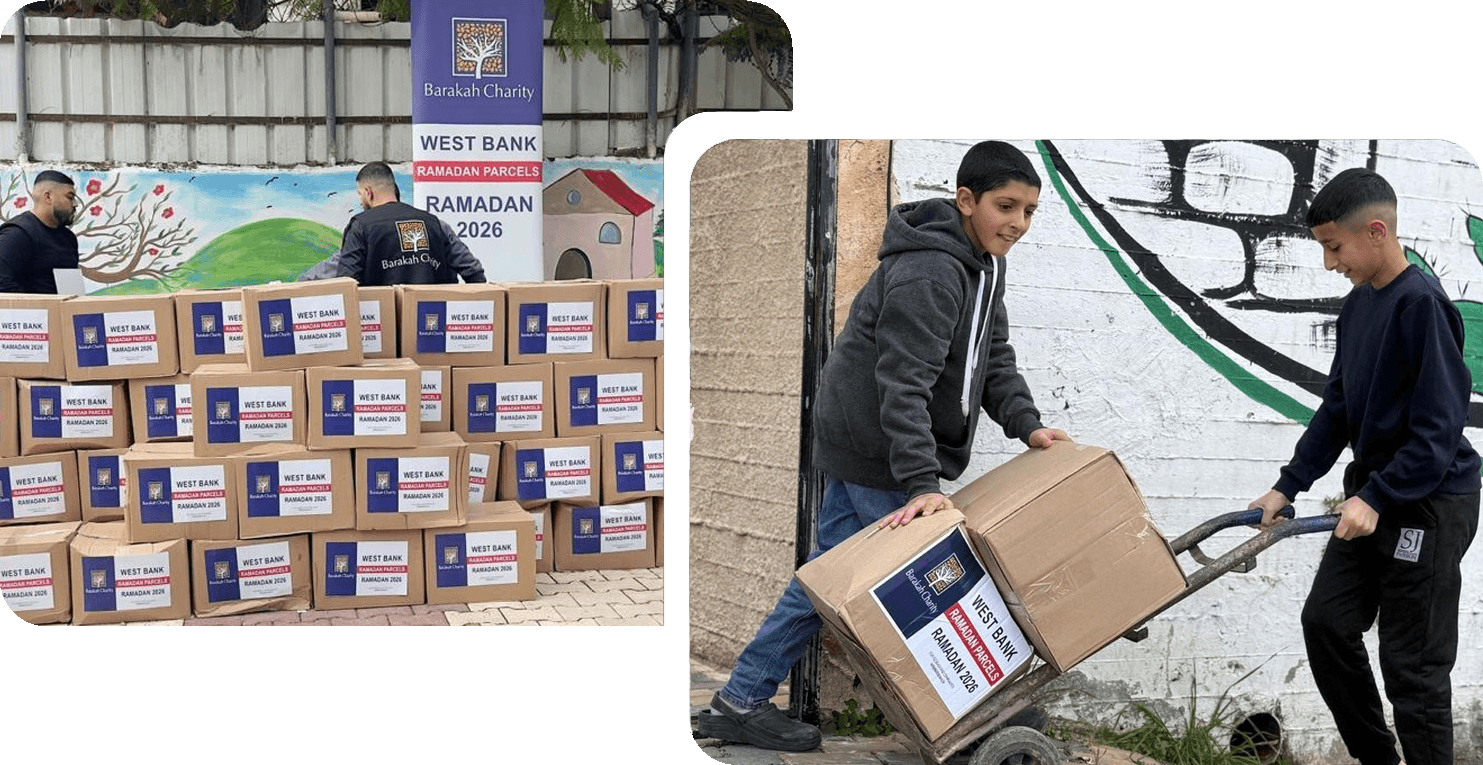 Volunteers and kids handle Barakah Charity Ramadan 2026 food parcels in the West Bank.