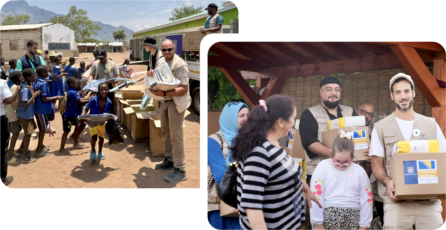 Barakah Charity team distributing school backpacks to children and food parcels to families in need.