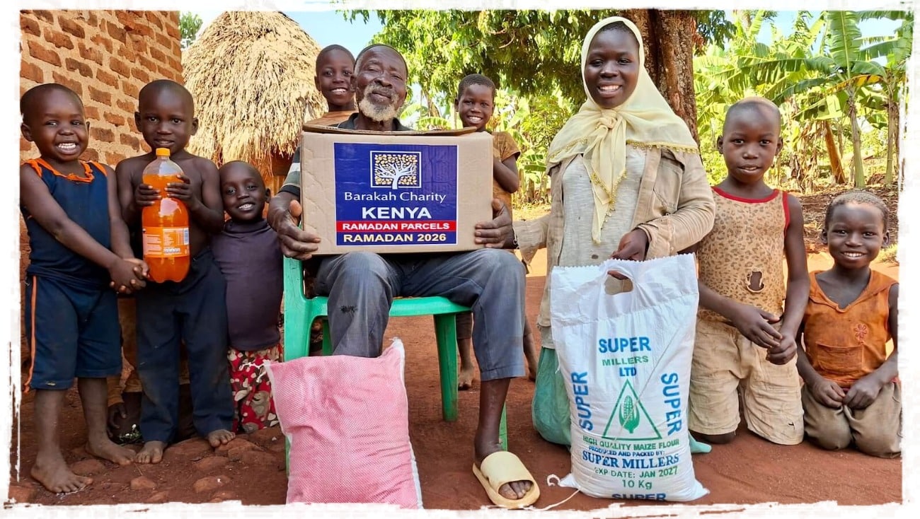 Ramadan 2027: family in Kenya receiving Ramadan food parcels from Barakah Charity